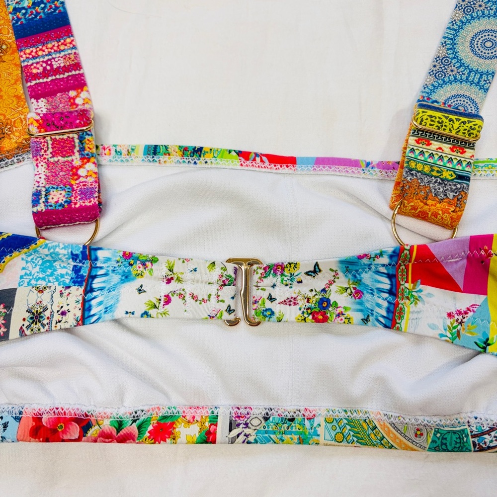 Johnny Was Multicolor Patchwork Bikini Top - Green, Pink, Orange, Blue - Picture 5 of 11